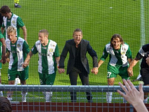 Hammarby players celebrate after beating Djurgården 